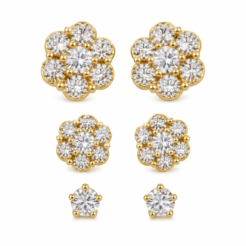 Trio de Brincos Flor Cravejada – Semi-joia Dourada